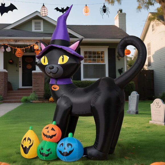 6 FT Halloween Inflatable Black Cat with Witch Hat and 4 Colorful Pumpkins - Picture 1 of 8